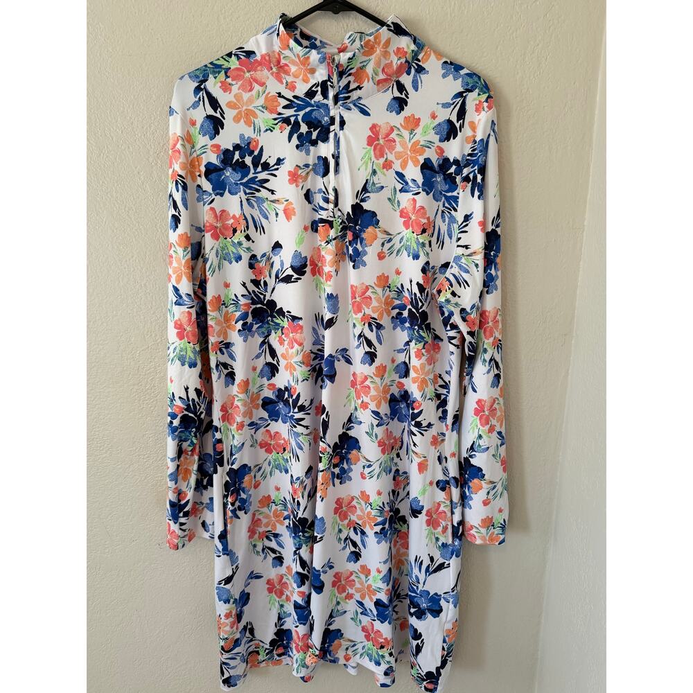 Women's Emerald 18 White Floral Print Coverup/Golf/Dress 1/4 Zip Mock Neck Sz XL